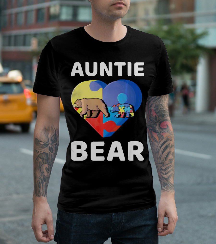 Auntie Bear Heart Puzzle Autism Awareness T-Shirt