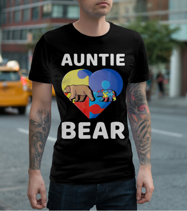 Auntie Bear Heart Puzzle Autism Awareness T-Shirt