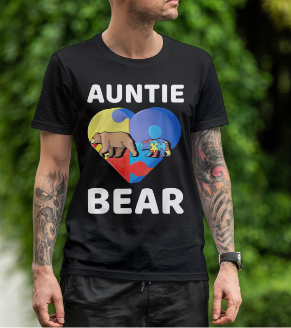 Auntie Bear Heart Puzzle Autism Awareness T-Shirt
