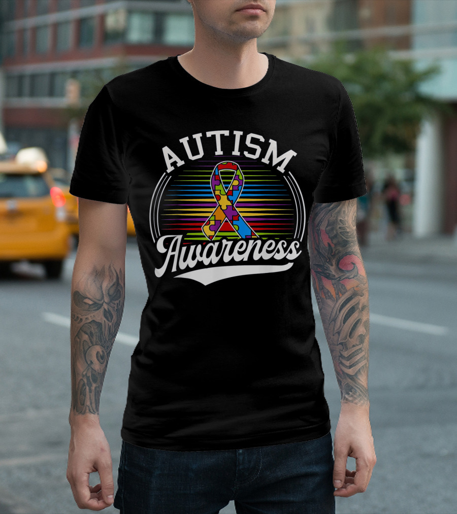 Autism Awareness Puzzle Ribbon with Colorful Lines T-Shirt
