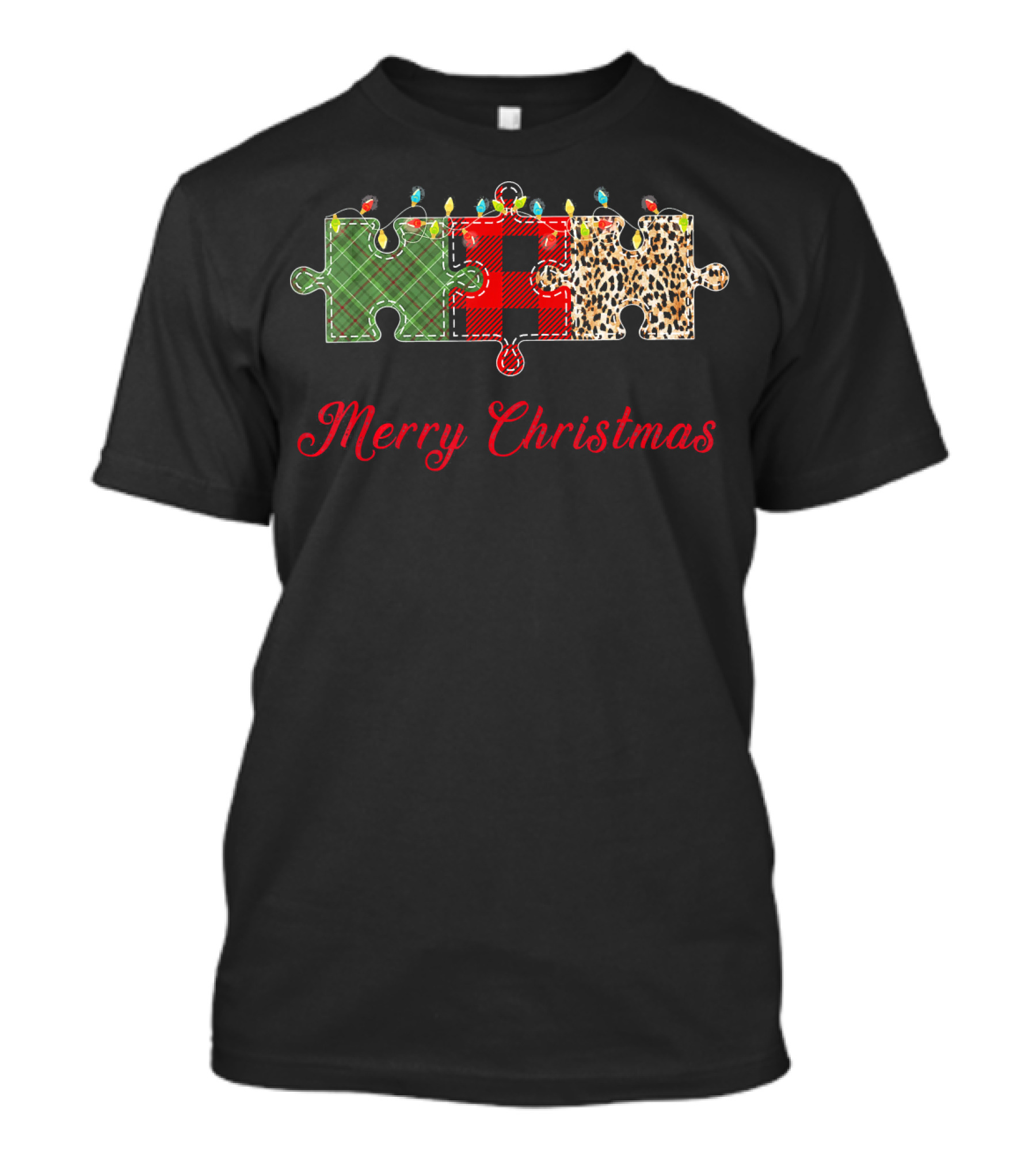 Merry Christmas Buffalo Plaid Leopard Puzzle Lights T-Shirt