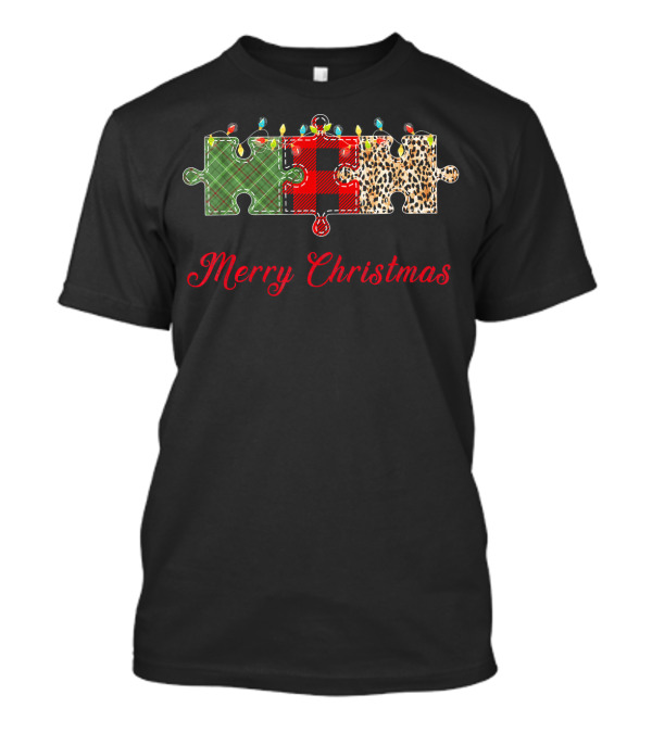 Merry Christmas Buffalo Plaid Leopard Puzzle Lights T-Shirt