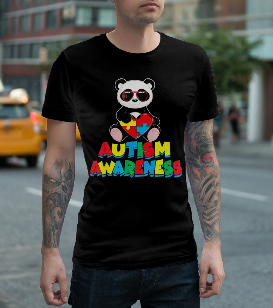 Autism Awareness Funny Panda with Heart-Shaped Puzzle T-Shirt
