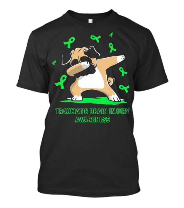 Traumatic Brain Injury Awareness Dabbing Pug Dog With Green Ribbons T-Shirt