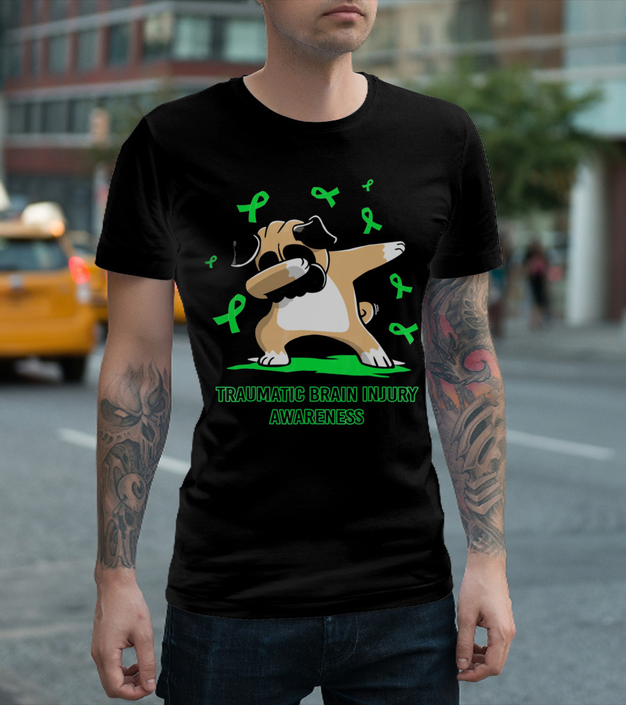 Traumatic Brain Injury Awareness Dabbing Pug Dog with Green Ribbons T-Shirt