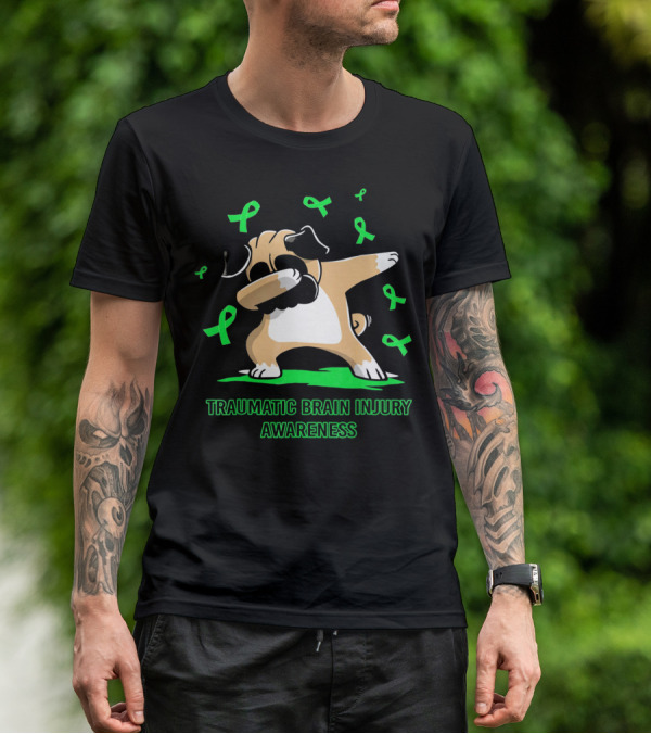 Traumatic Brain Injury Awareness Dabbing Pug Dog With Green Ribbons T-Shirt