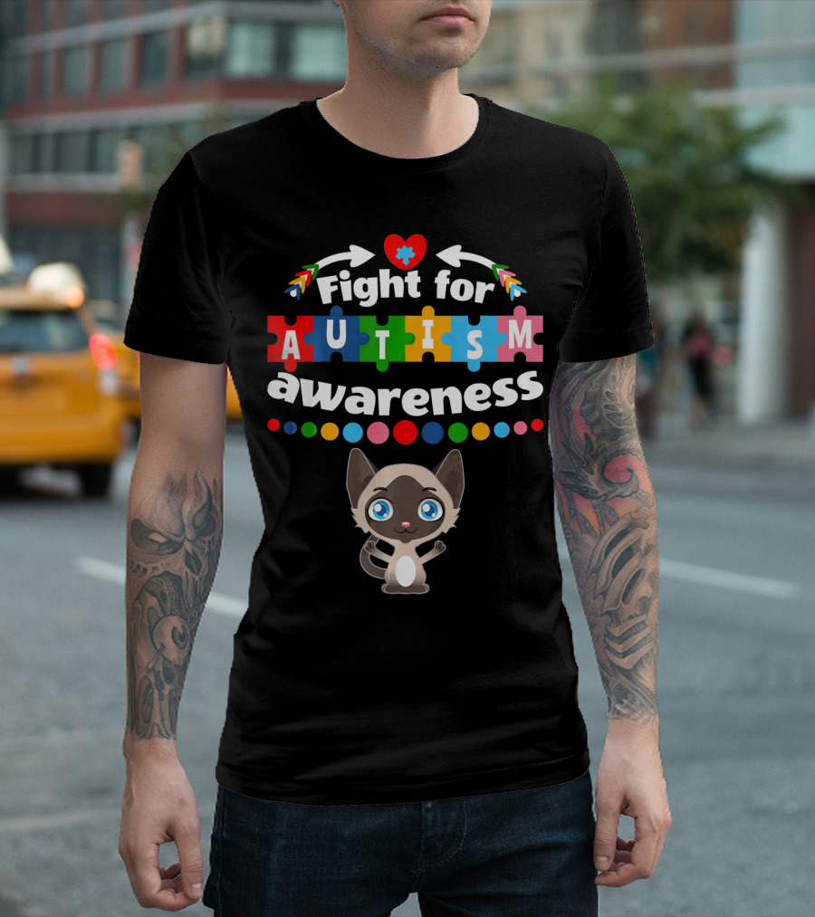 Fight For Autism Awareness Cat Puzzle Heart T-Shirt