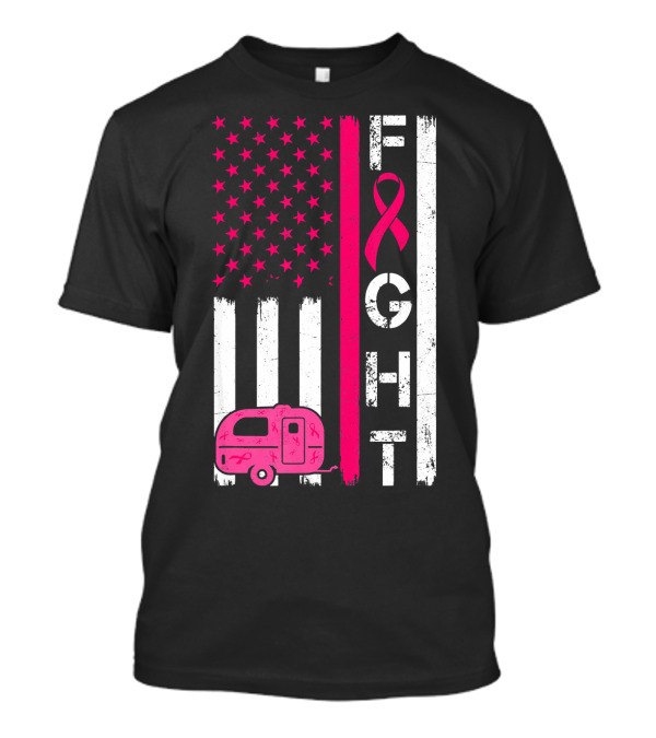 Fight Cancer Ribbon Camping Van American Flag T-Shirt