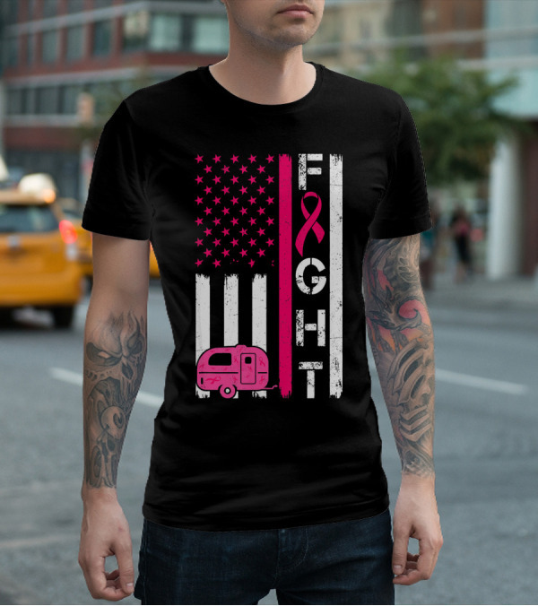 Fight Cancer Ribbon Camping Van American Flag T-Shirt