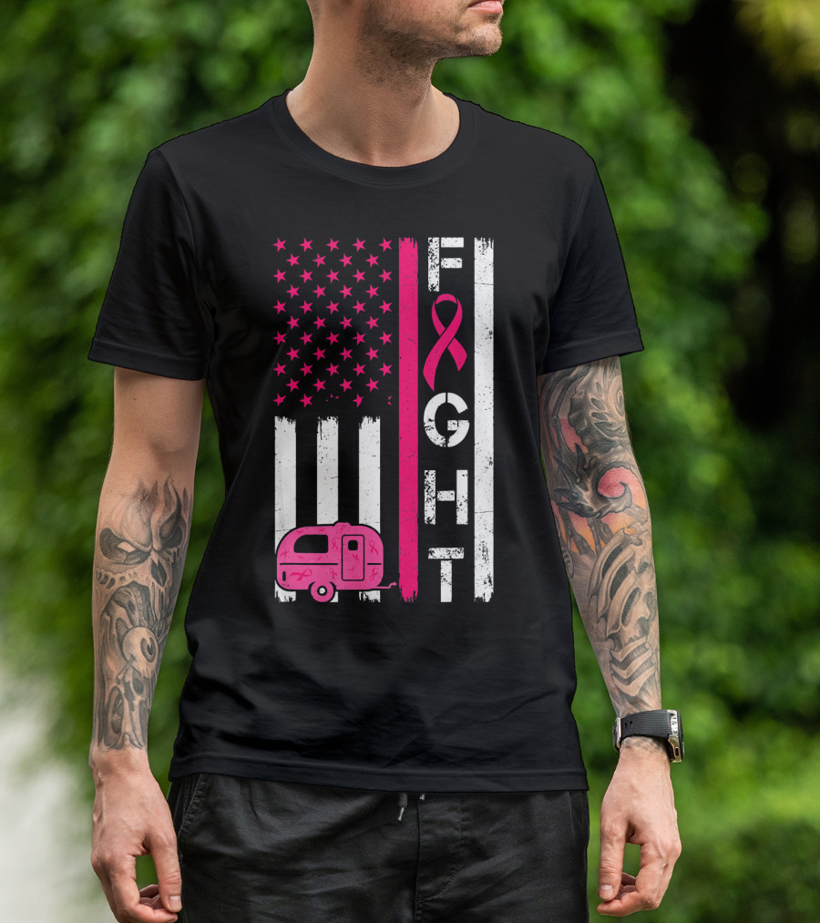 Fight Cancer Ribbon Camping Van American Flag T-Shirt