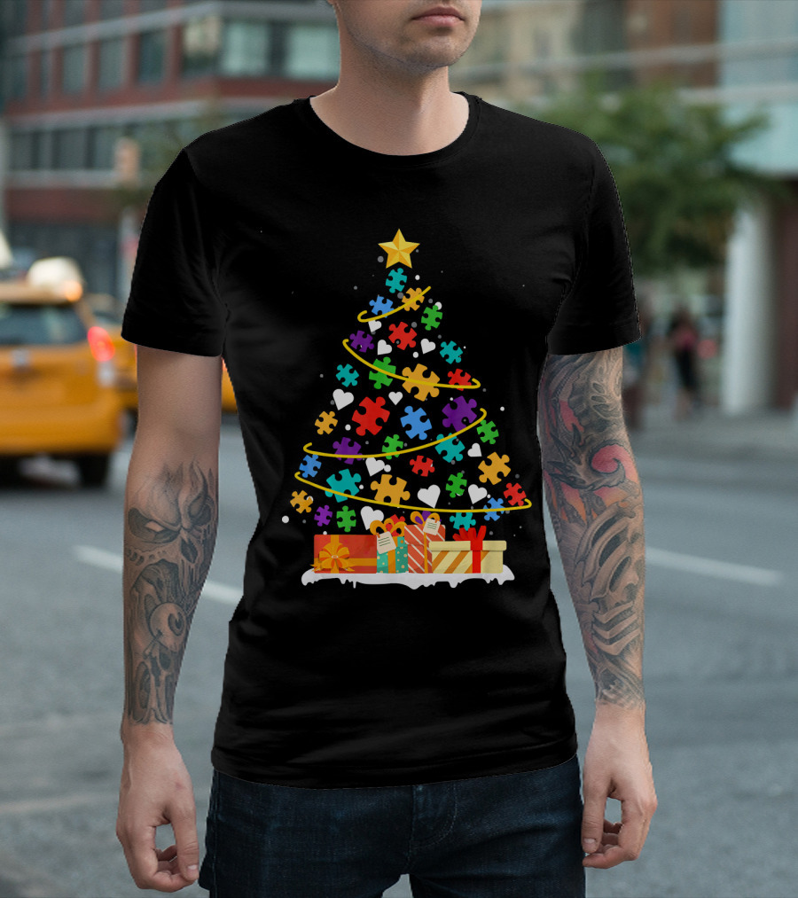 Autism Awareness Puzzle Piece Christmas Tree with Gifts and Hearts T-Shirt