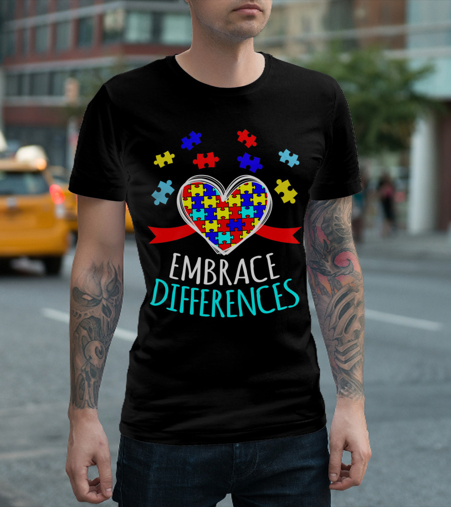 Embrace Differences Autism Awareness Heart Puzzle Pieces T-Shirt