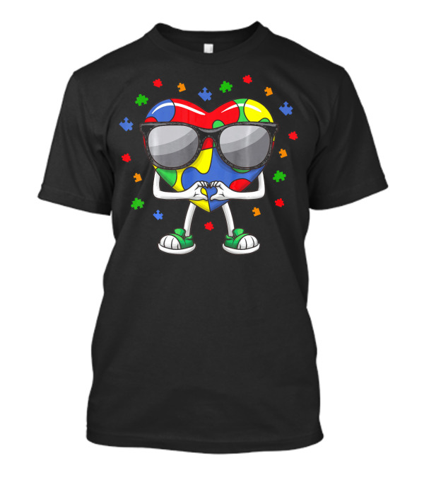 Autism Awareness Month Colorful Puzzle Heart With Sunglasses And Love Gesture T-Shirt