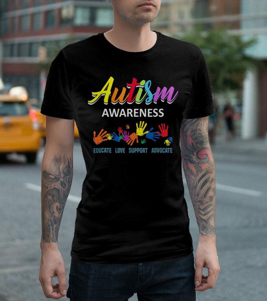 Autism Awareness Educate Love Support Advocate Rainbow Handprints T-Shirt