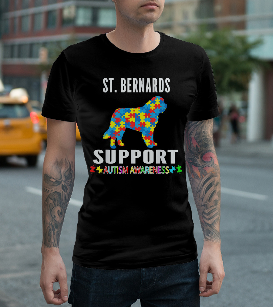 St. Bernards Support Autism Awareness Puzzle Piece Dog T-Shirt