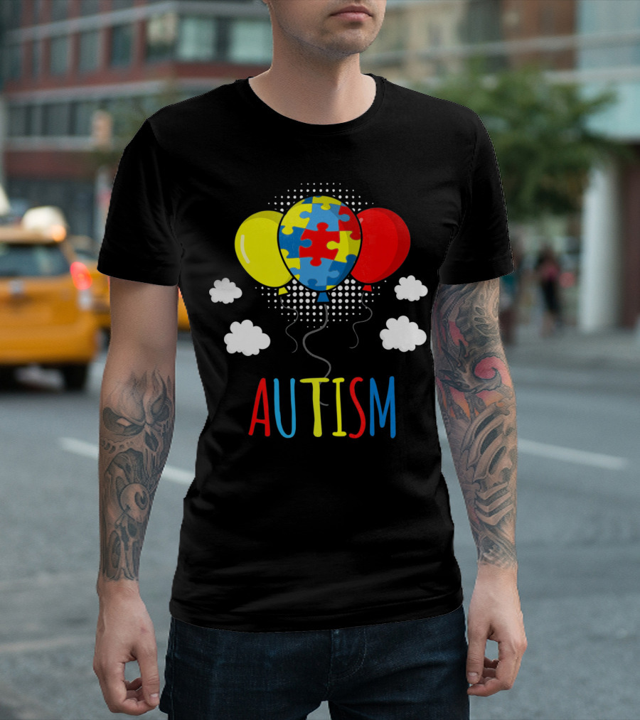 Autism Awareness Puzzle Piece Balloons With Colorful Clouds T-Shirt