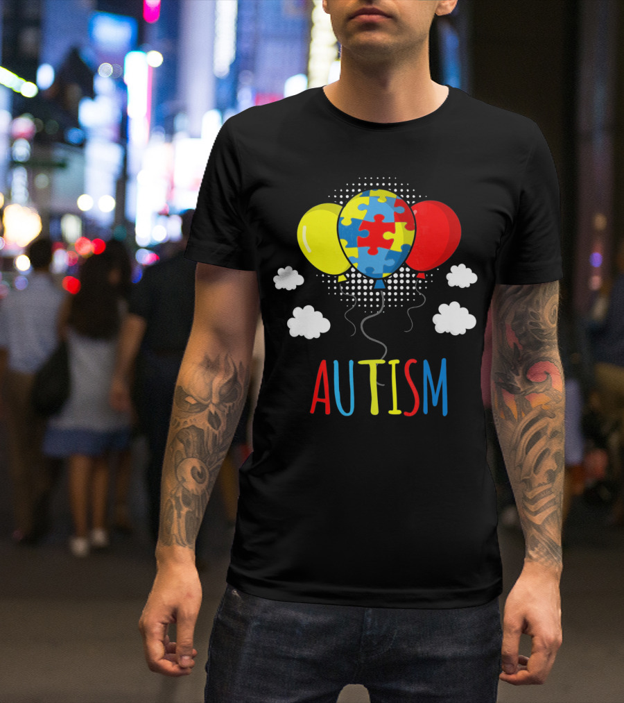 Autism Awareness Puzzle Piece Balloons With Colorful Clouds T-Shirt