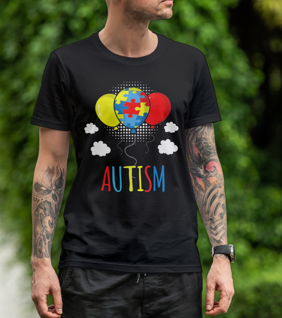 Autism Awareness Puzzle Piece Balloons With Colorful Clouds T-Shirt