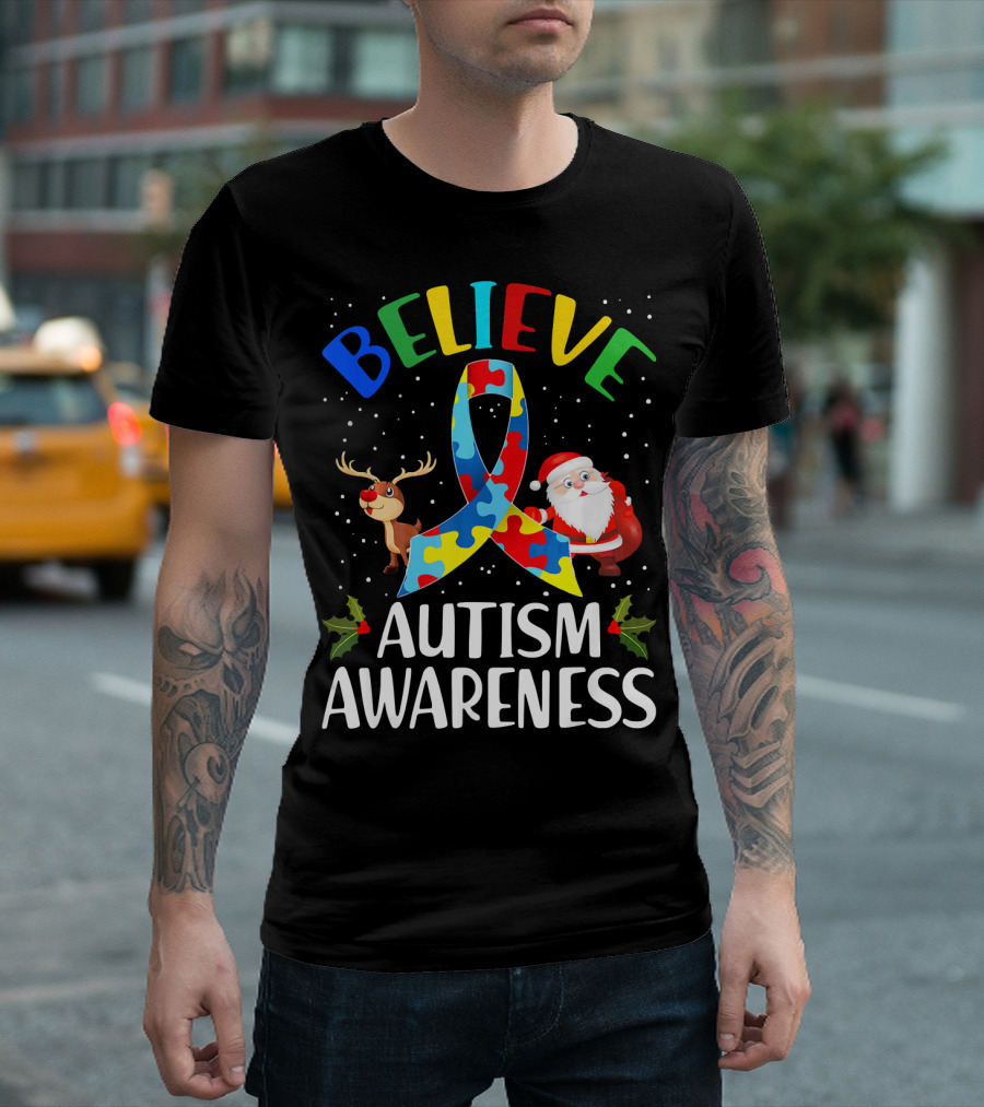 Believe Autism Awareness Santa Reindeer Puzzle Christmas T-Shirt