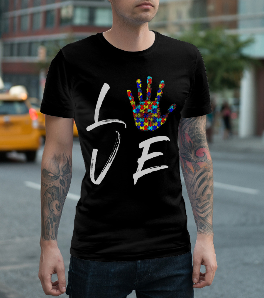 Love Autism Awareness Puzzle Hand T-Shirt