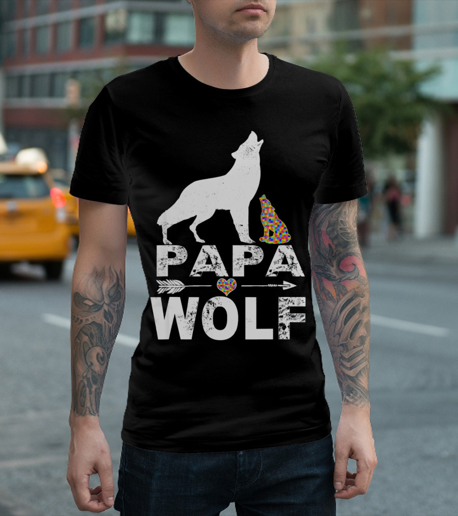 Papa Wolf Autism Awareness Puzzle Heart and Howling Pups T-Shirt