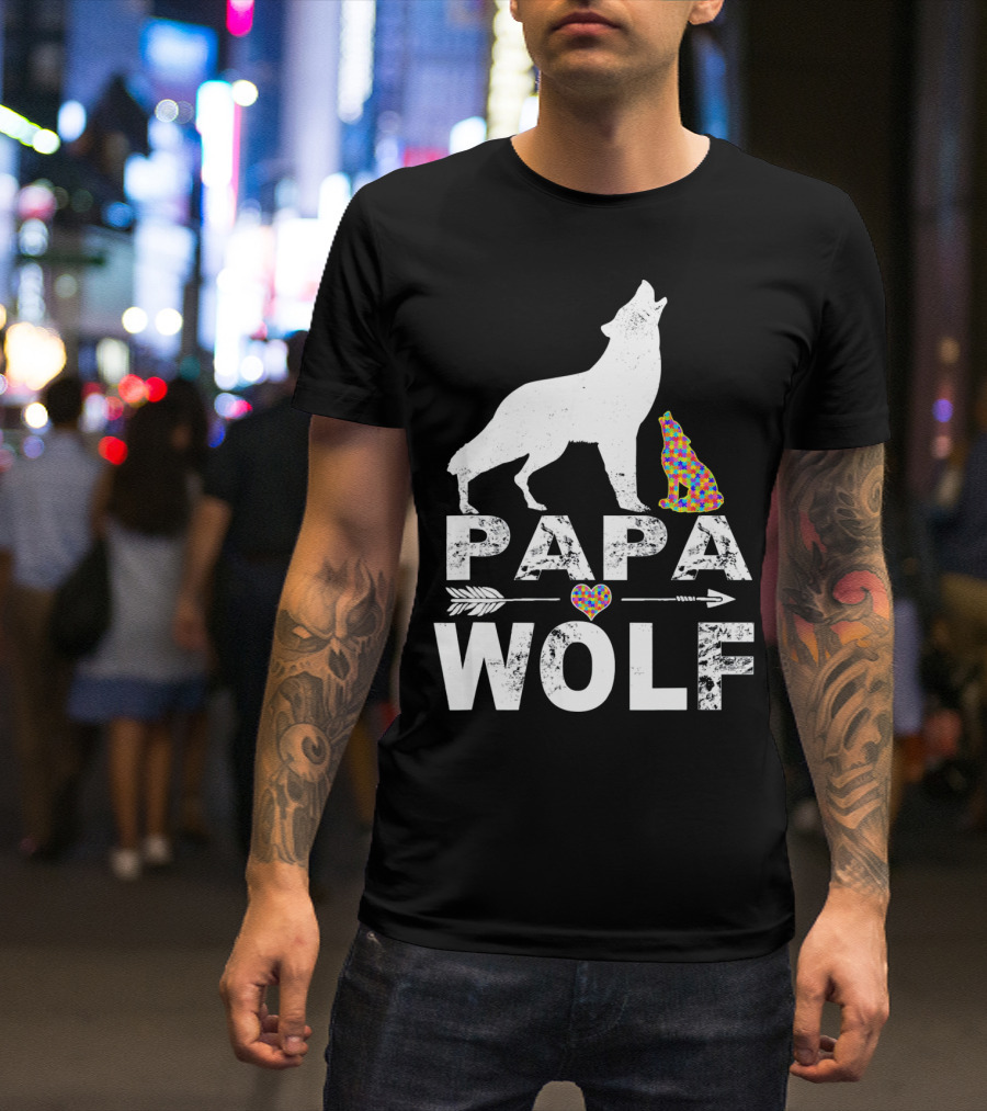 Papa Wolf Autism Awareness Puzzle Heart And Howling Pups T-Shirt