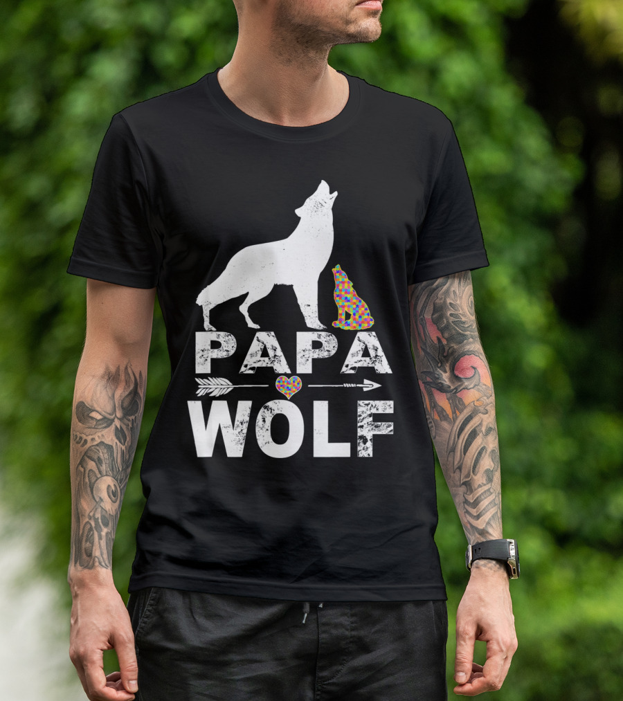 Papa Wolf Autism Awareness Puzzle Heart And Howling Pups T-Shirt