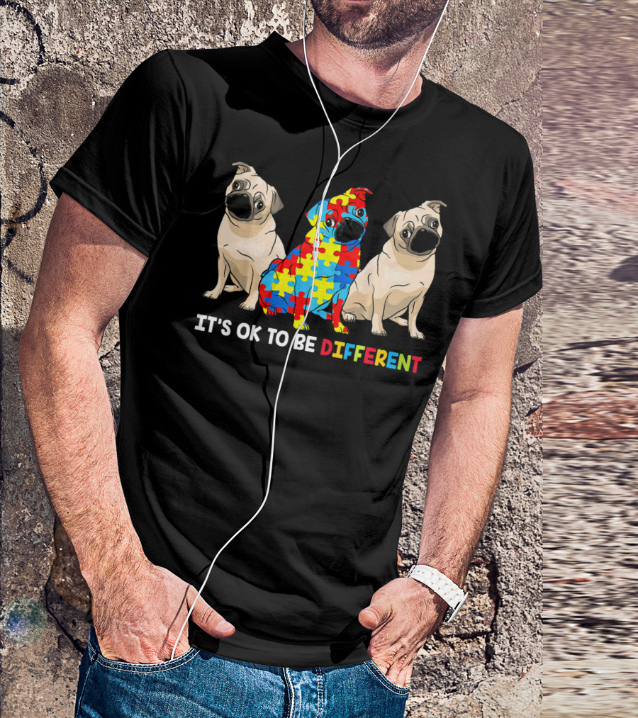 ITS OK TO BE DIFFERENT PUG AUTISM AWARENESS PUZZLE PIECES T-Shirt