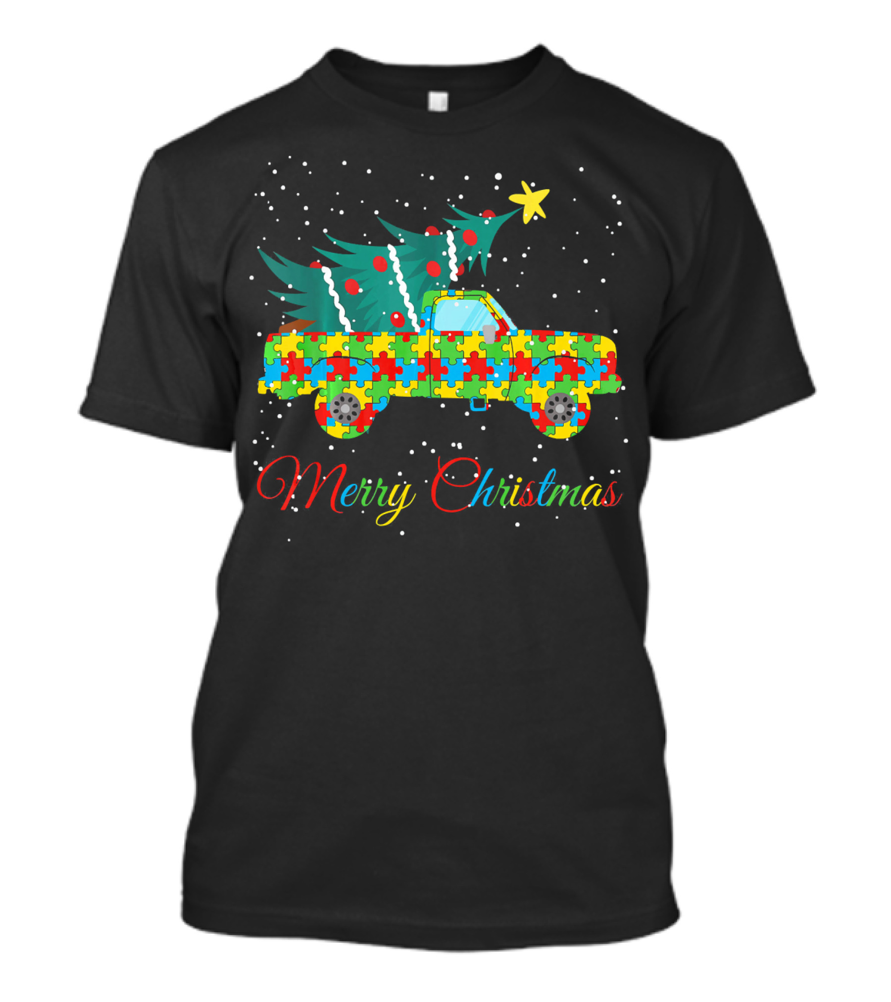 Merry Christmas Puzzle Pickup Truck With Tree Autism Awareness T-Shirt
