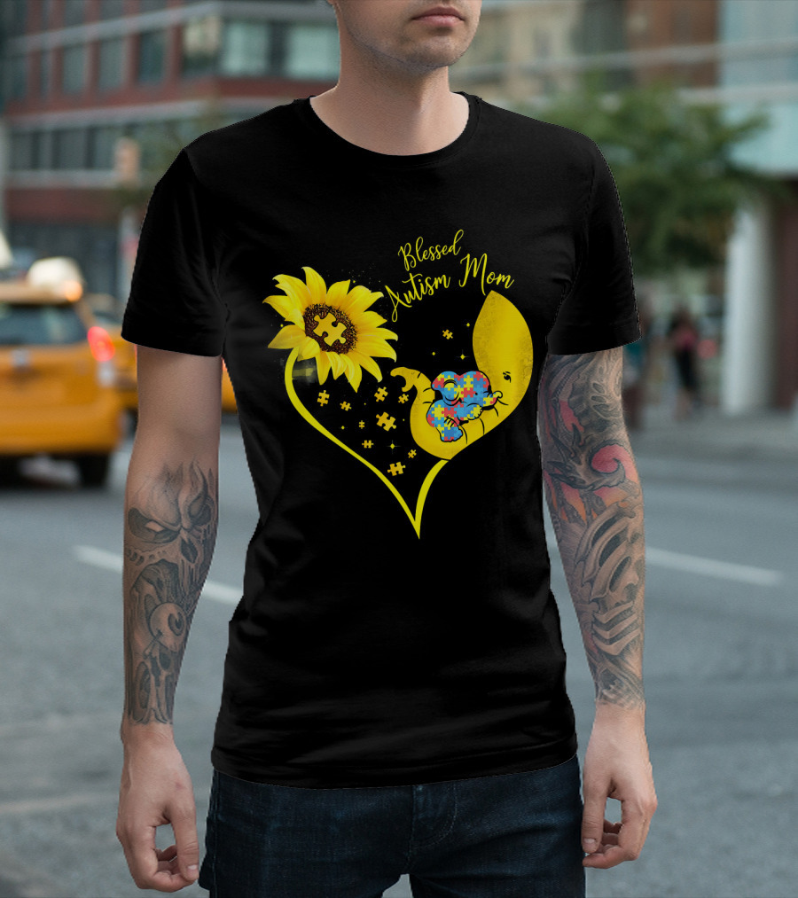 Blessed Autism Mom Sunflower Elephant Puzzle Heart T-Shirt