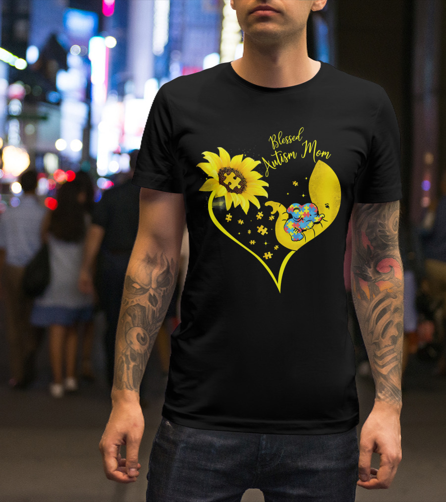 Blessed Autism Mom Sunflower Elephant Puzzle Heart T-Shirt