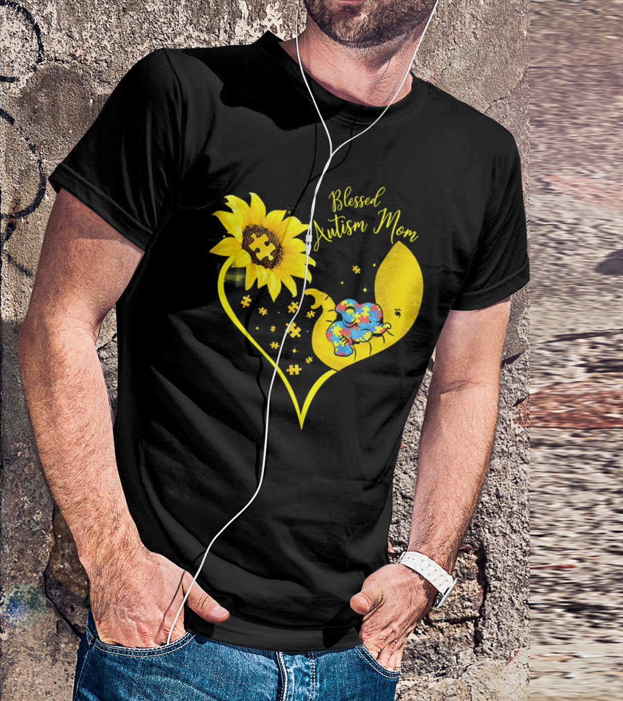 Blessed Autism Mom Sunflower Elephant Puzzle Heart T-Shirt
