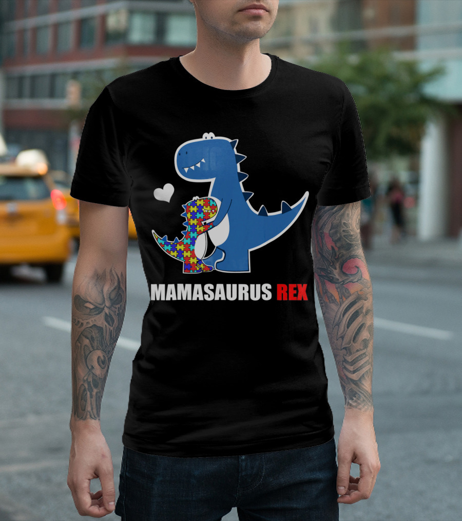 Mamasaurus Rex Autism Awareness Puzzle Heart T-Shirt