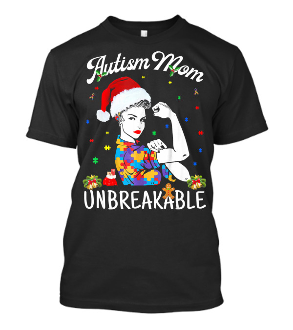 Autism Mom Unbreakable Santa Christmas Pride Puzzle Pieces T-Shirt
