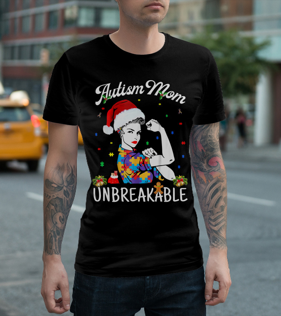 Autism Mom Unbreakable Santa Christmas Pride Puzzle Pieces T-Shirt