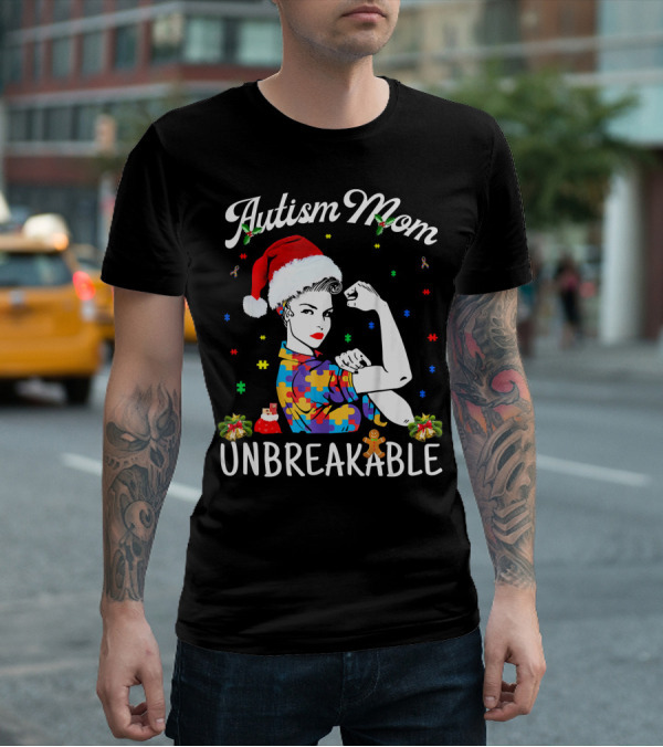 Autism Mom Unbreakable Santa Christmas Pride Puzzle Pieces T-Shirt