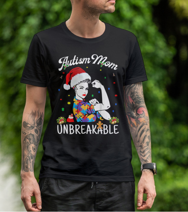 Autism Mom Unbreakable Santa Christmas Pride Puzzle Pieces T-Shirt