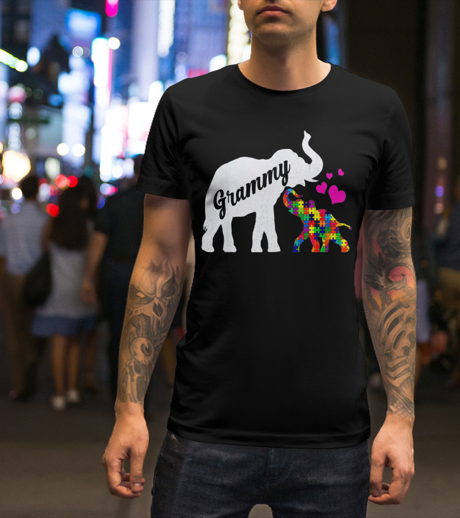 Grammy Elephant With Colorful Puzzle Piece Baby And Hearts For Autism Awareness T-Shirt