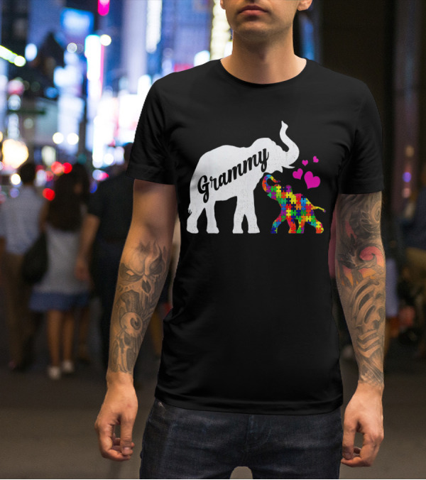 Grammy Elephant With Colorful Puzzle Piece Baby And Hearts For Autism Awareness T-Shirt