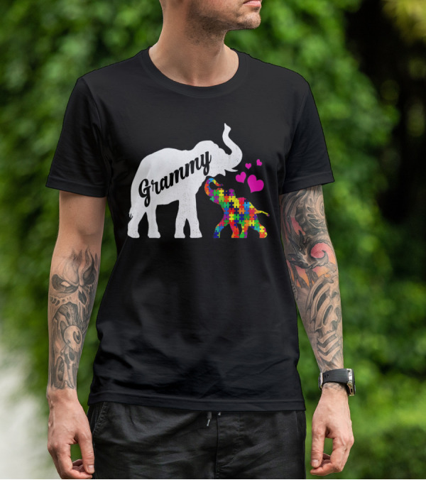 Grammy Elephant With Colorful Puzzle Piece Baby And Hearts For Autism Awareness T-Shirt