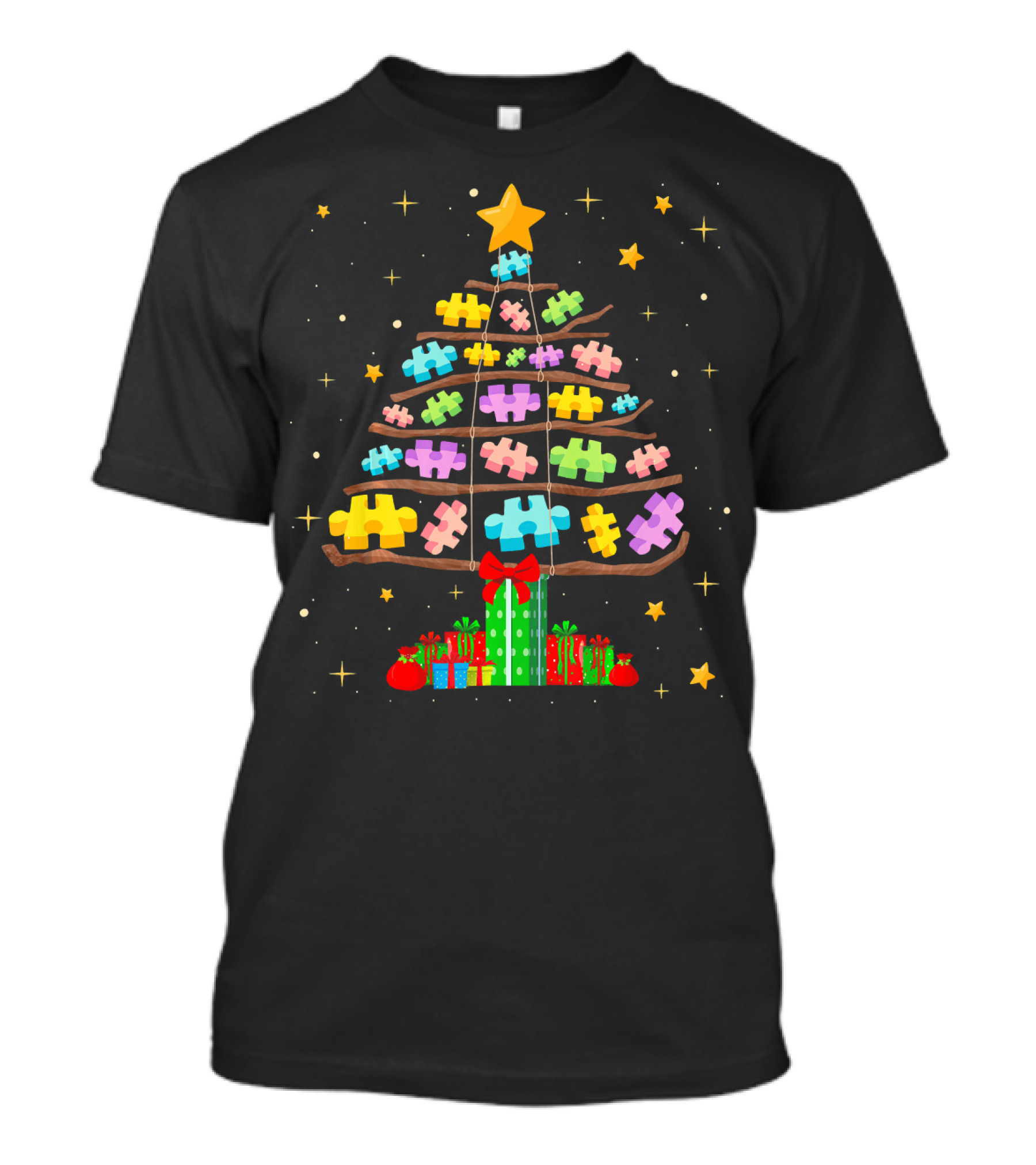 Autism Puzzle Pieces Christmas Tree With Stars And Gifts T-Shirt