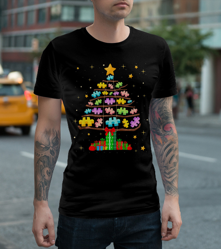Autism Puzzle Pieces Christmas Tree With Stars And Gifts T-Shirt