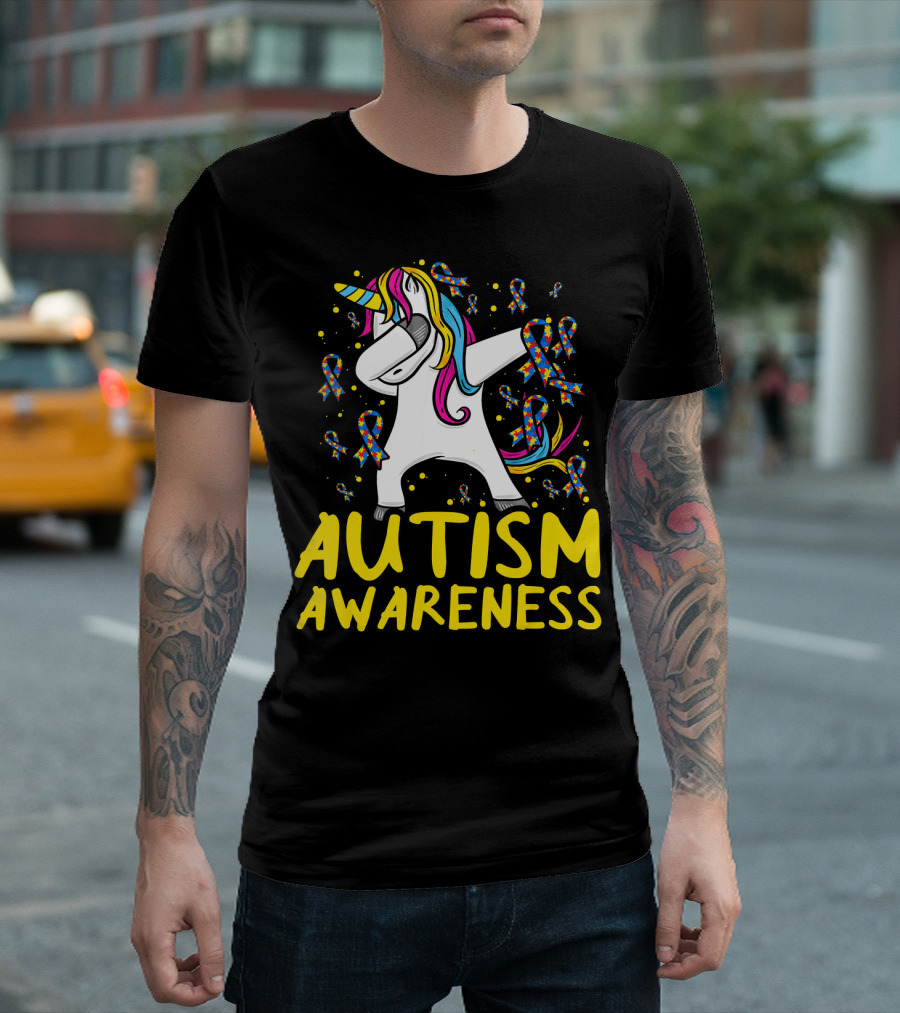 Dabbing Unicorn Puzzle Ribbon Autism Awareness T-Shirt