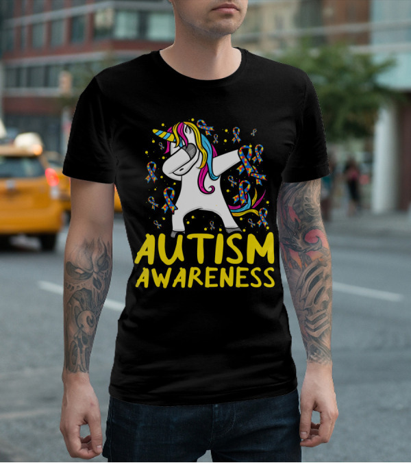 Dabbing Unicorn Puzzle Ribbon Autism Awareness T-Shirt