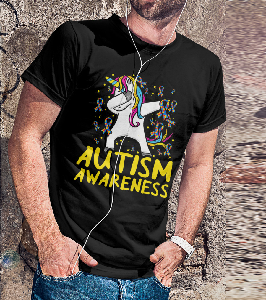 Dabbing Unicorn Puzzle Ribbon Autism Awareness T-Shirt