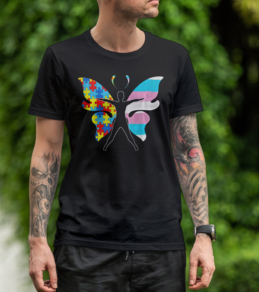 Autism Awareness Puzzle Butterfly With Transgender Flag Wings T-Shirt