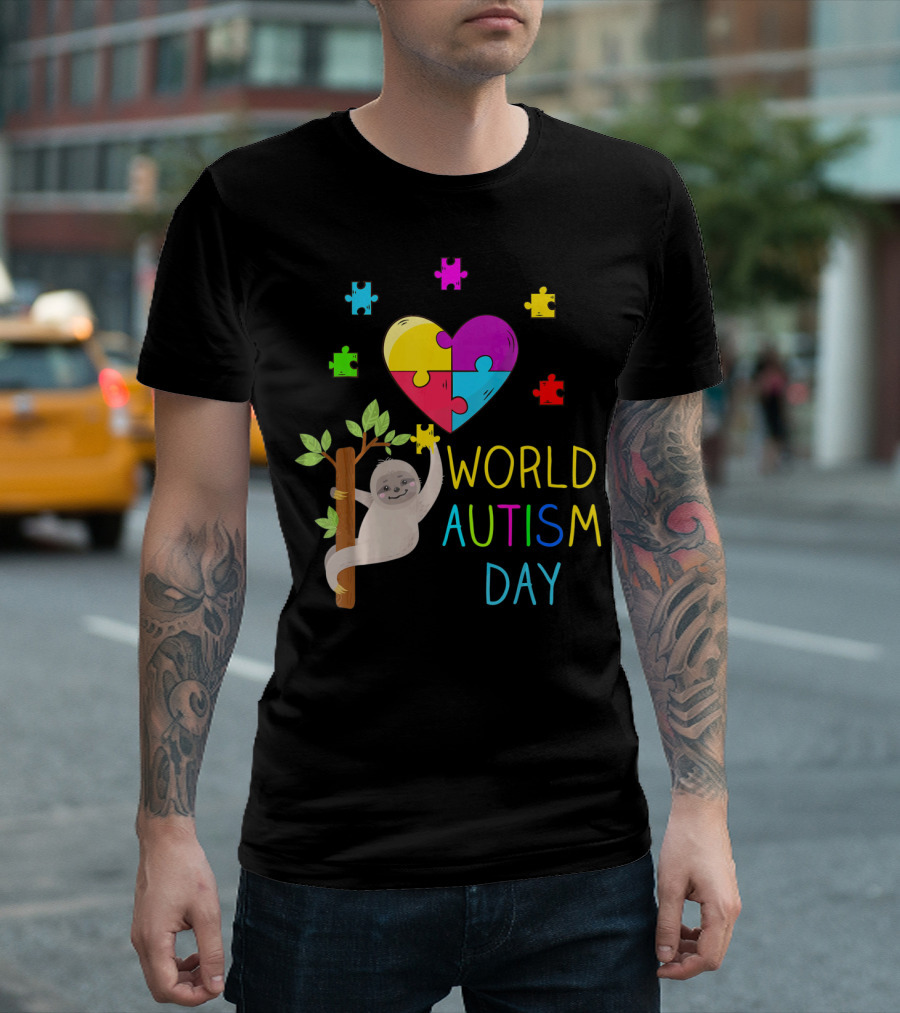 World Autism Day Sloth Heart Puzzle Pieces T-Shirt