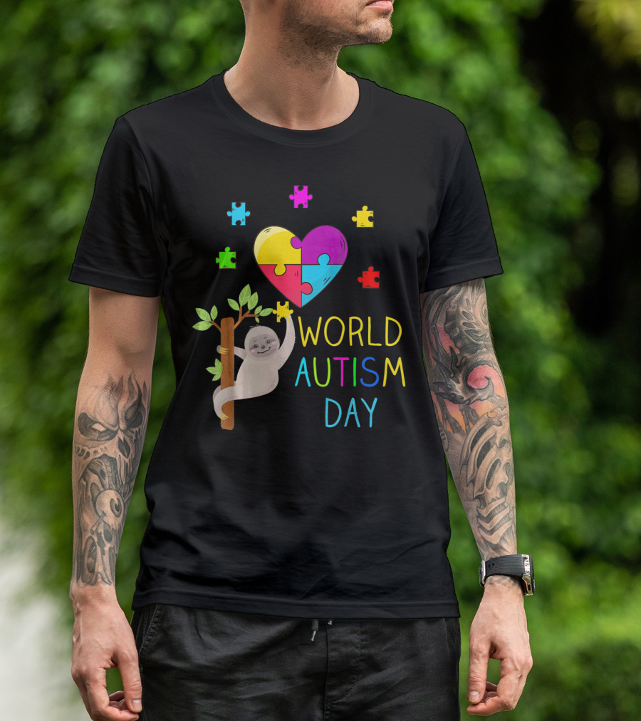World Autism Day Sloth Heart Puzzle Pieces T-Shirt