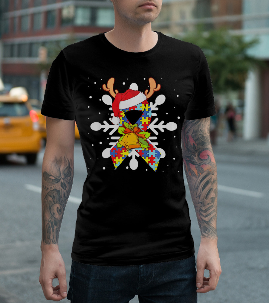 Snowflake Puzzle Ribbon with Santa Hat and Autism Awareness T-Shirt