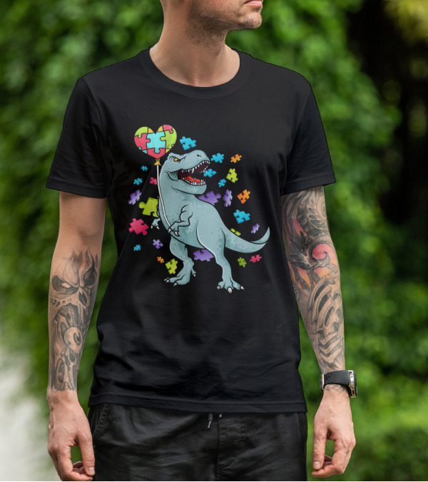 Autism Awareness Dinosaur With Puzzle Heart Balloon And Colorful Puzzle Pieces T-Shirt